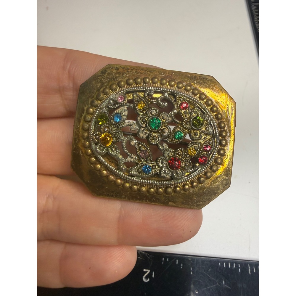 Antique Multi Color Rhinestone Filigree Sash Buckle Brooch Gold Tone Rectangular
